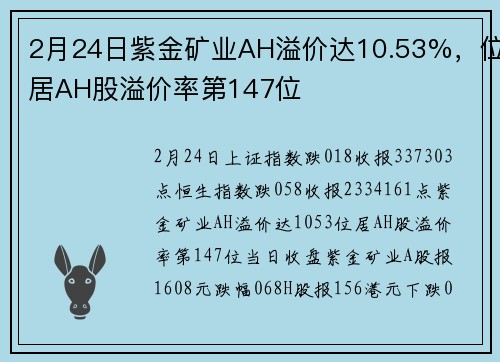 2月24日紫金矿业AH溢价达10.53%，位居AH股溢价率第147位